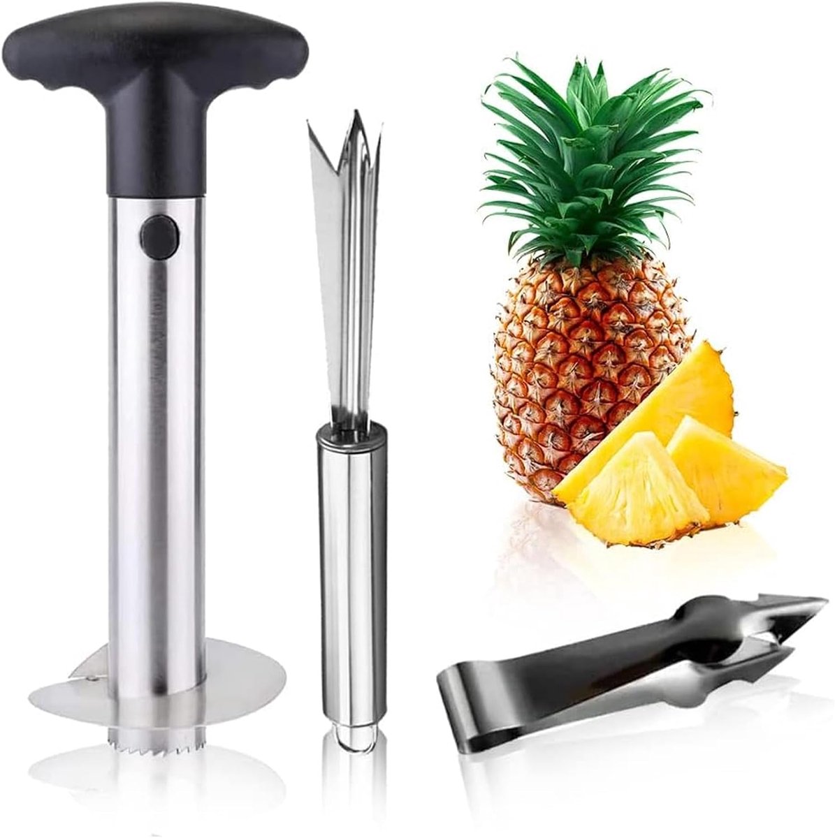 SnelShoppen - 3-in-1 Ananas Snijder Set - RVS Ananas Cutter met Aardbei Verwijderaar en V-vormig Mes - Keuken Gereedschap voor Feest en Camping