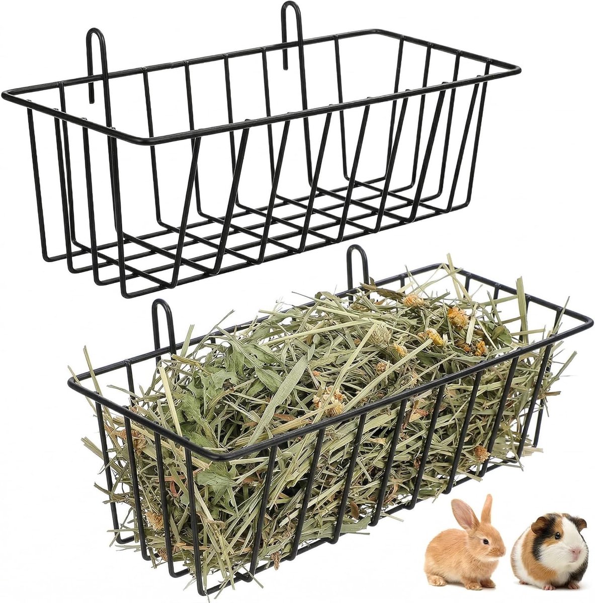 SnelShoppen - 2-delige konijnen hooi voederbak voor cavia's, hooi dispenser met robuuste metalen frame, hooi houder, klein dieren voeder met haak