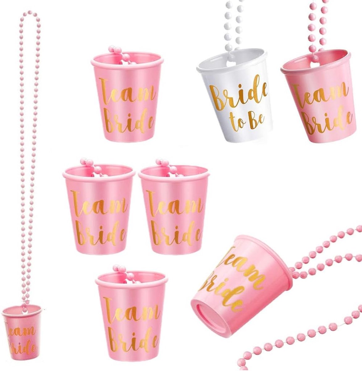 SnelShoppen - Zalati Shot Glass Necklace 8 Stuks Plastic Beaded Cups voor Bruiloft Feest Decoratie - Wit met 'Bride to Be' en Roze