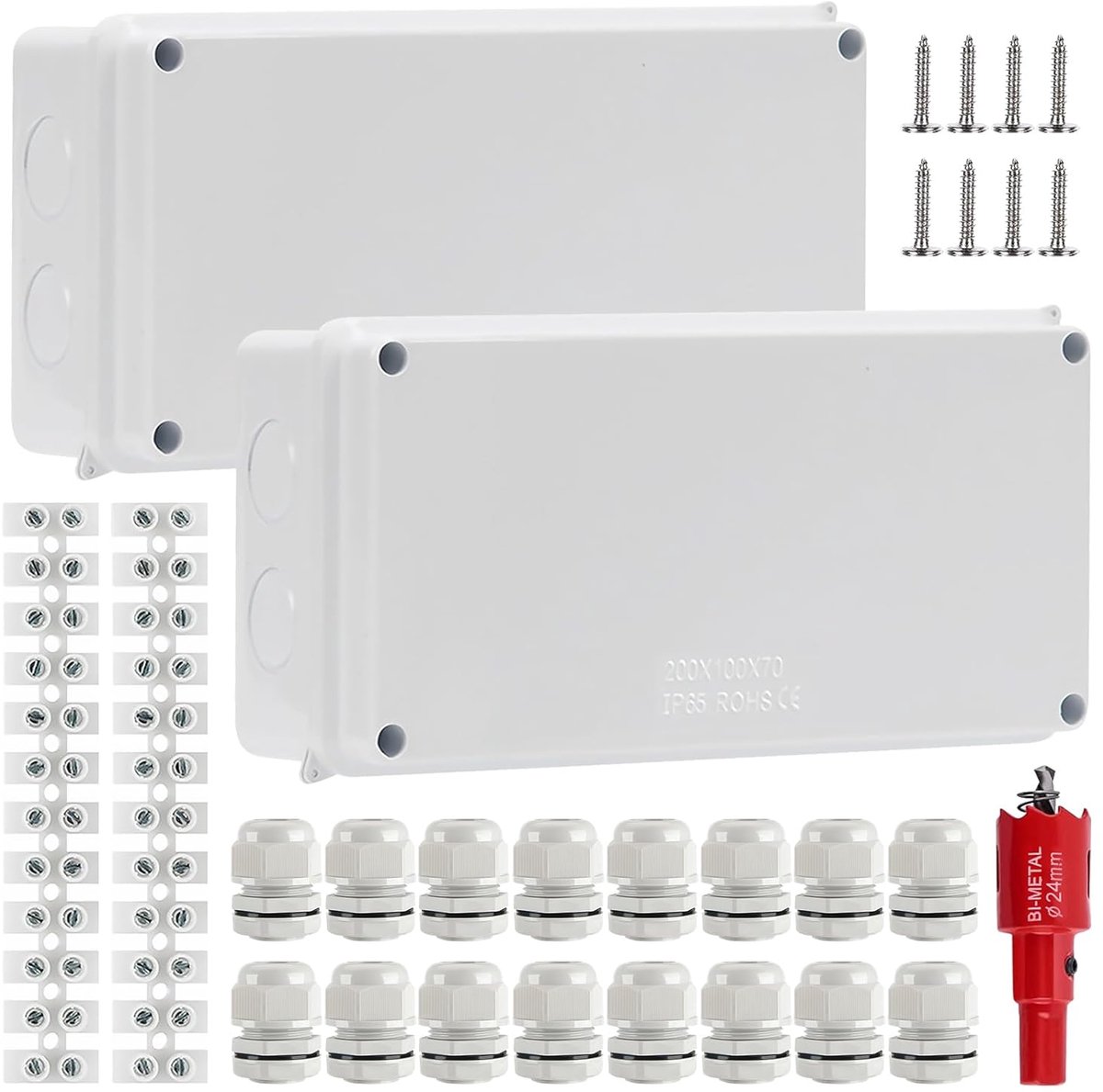 SnelShoppen - Pack van 2 Opbouwdozen, Kabeldoos, Opbouw Verdeeldoos, Waterdichte IP65 Buitendoos voor Diameter 12-15 mm (200 x 100 x 70 mm)