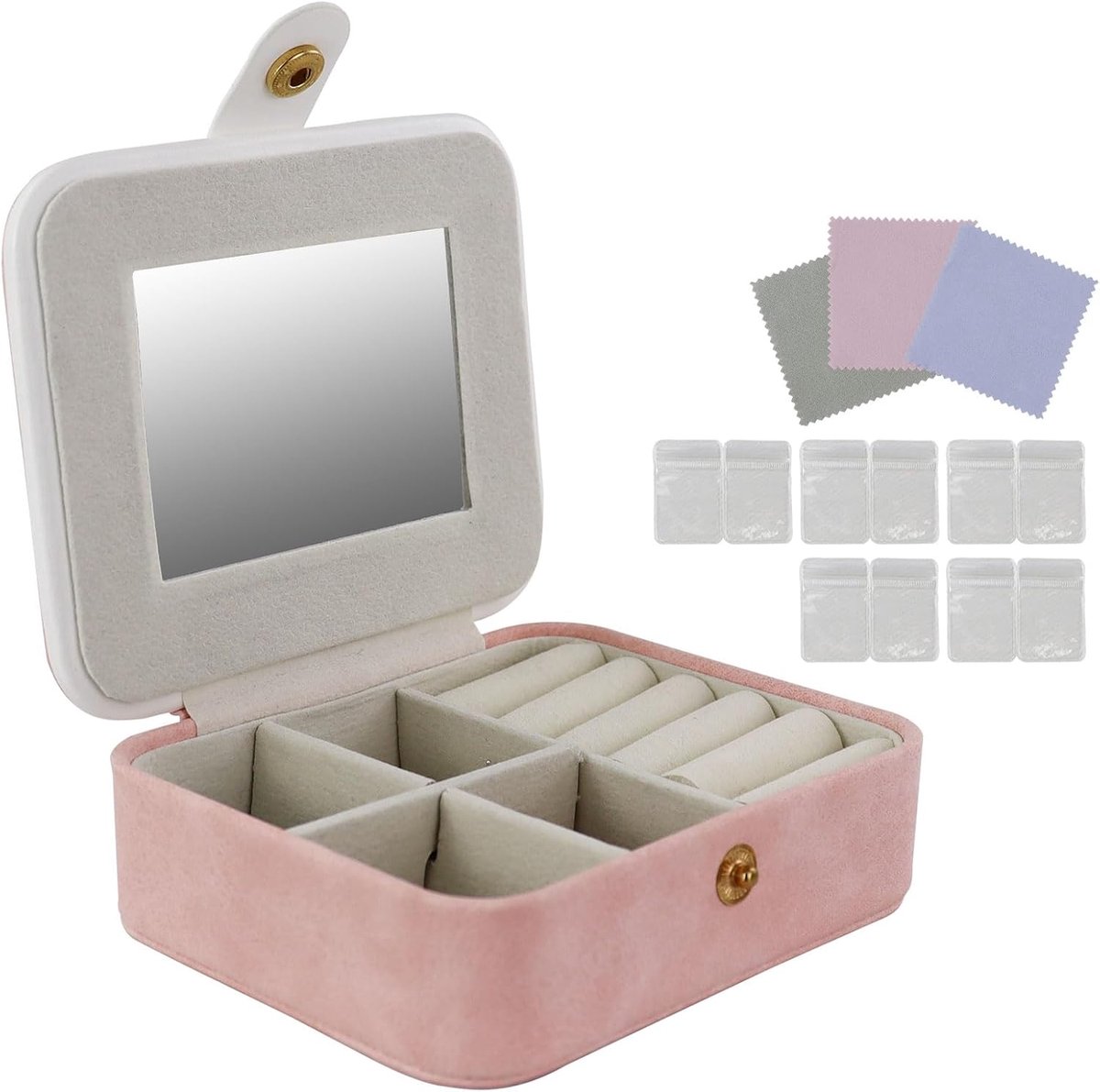 SnelShoppen - Compacte Sieradenbox met 10 Zakjes, PU Juwelendoos met Spiegel, 4 Verwijderbare Roosters en 5 Ringhouders, Sieraden Organizer voor Ketti