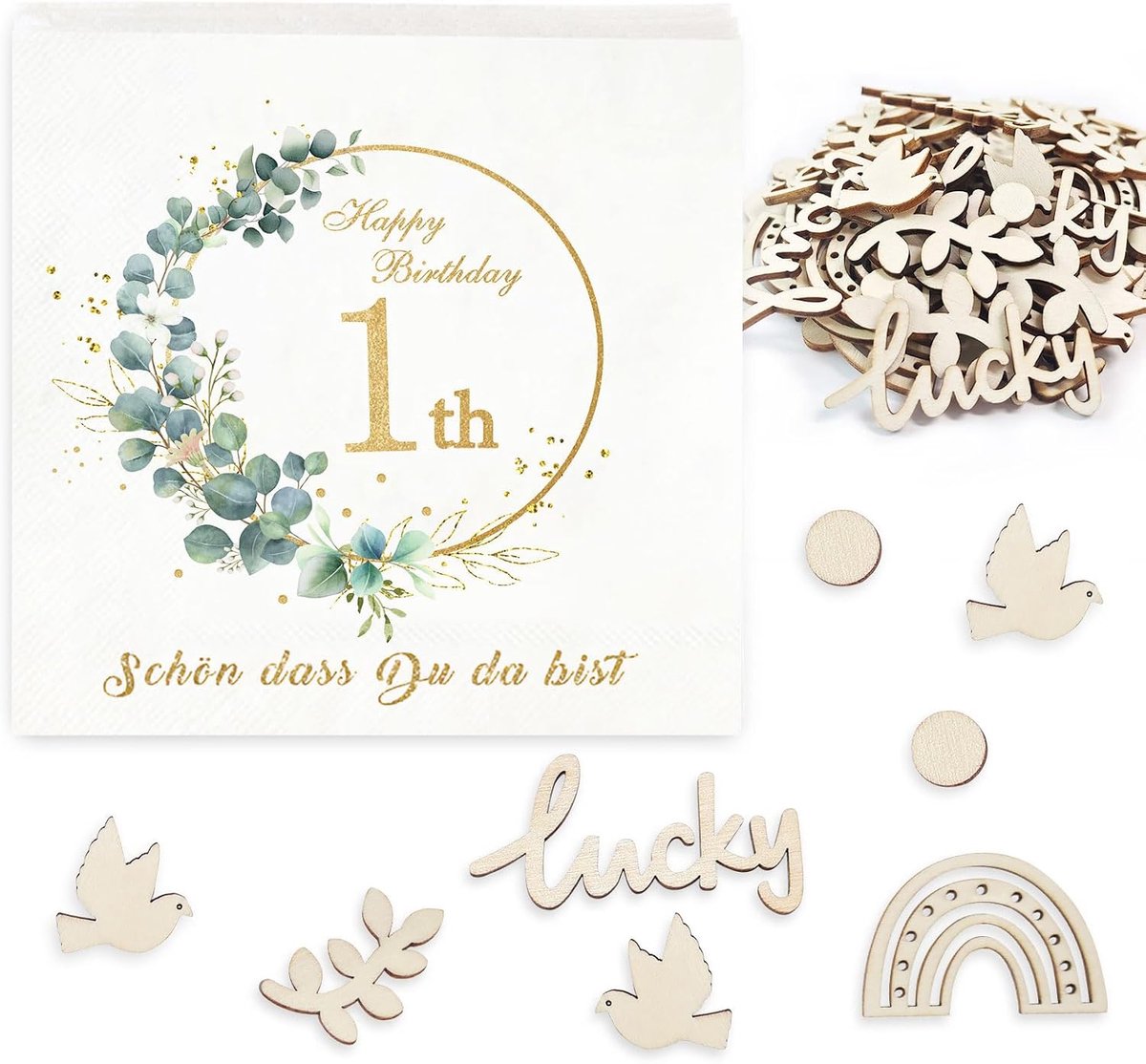 SnelShoppen - Verjaardagsservetten 32 Stuks 3-laags Groene Verjaardagsnapkins met Eucalyptus Decoratie voor Kinderfeestjes, Eerste Verjaardag Jongens