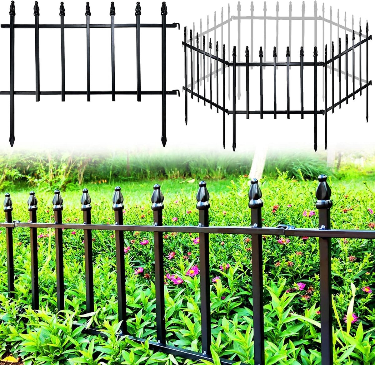 SnelShoppen - Decoratief Tuinhek Metalen Omheining voor Bloembed, Dierenbarrière, Hondenafscheiding, Zwart, 45cm H*57cm B, 5 Stuks