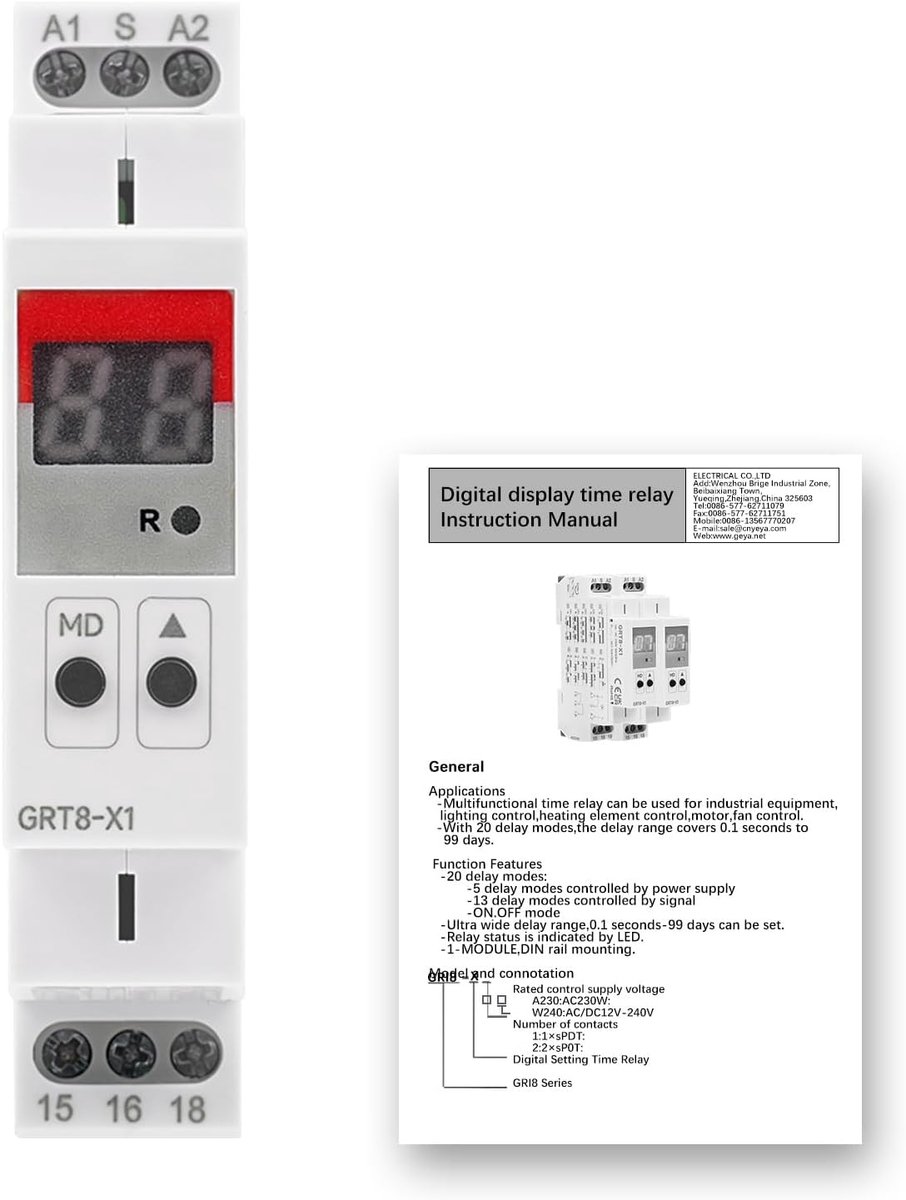 SnelShoppen - Multifunctioneel Tijdrelais, Tijdsvertragingrelais, 20 Vertraging Modi, 0.1S-99 Dagen, AC 230V, 16A/AC1, Voor Elektrische Installaties