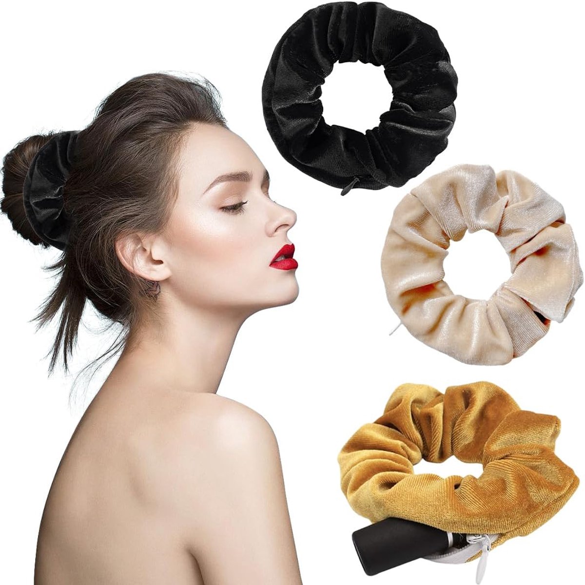 3 stuks haarelastiekjes voor dames, scrunchies fluweel, met zak met ritssluiting, elastische vlechtelastiekjes - ShopVlot