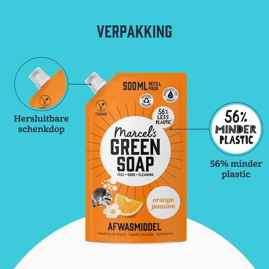 Oranje navulverpakking 'Marcel's Green Soap' met 'Orange Jasmine' geur, '56% minder plastic' en hersluitbare schenkdoppen. Afbeelding van wasbeer en sinaasappel.