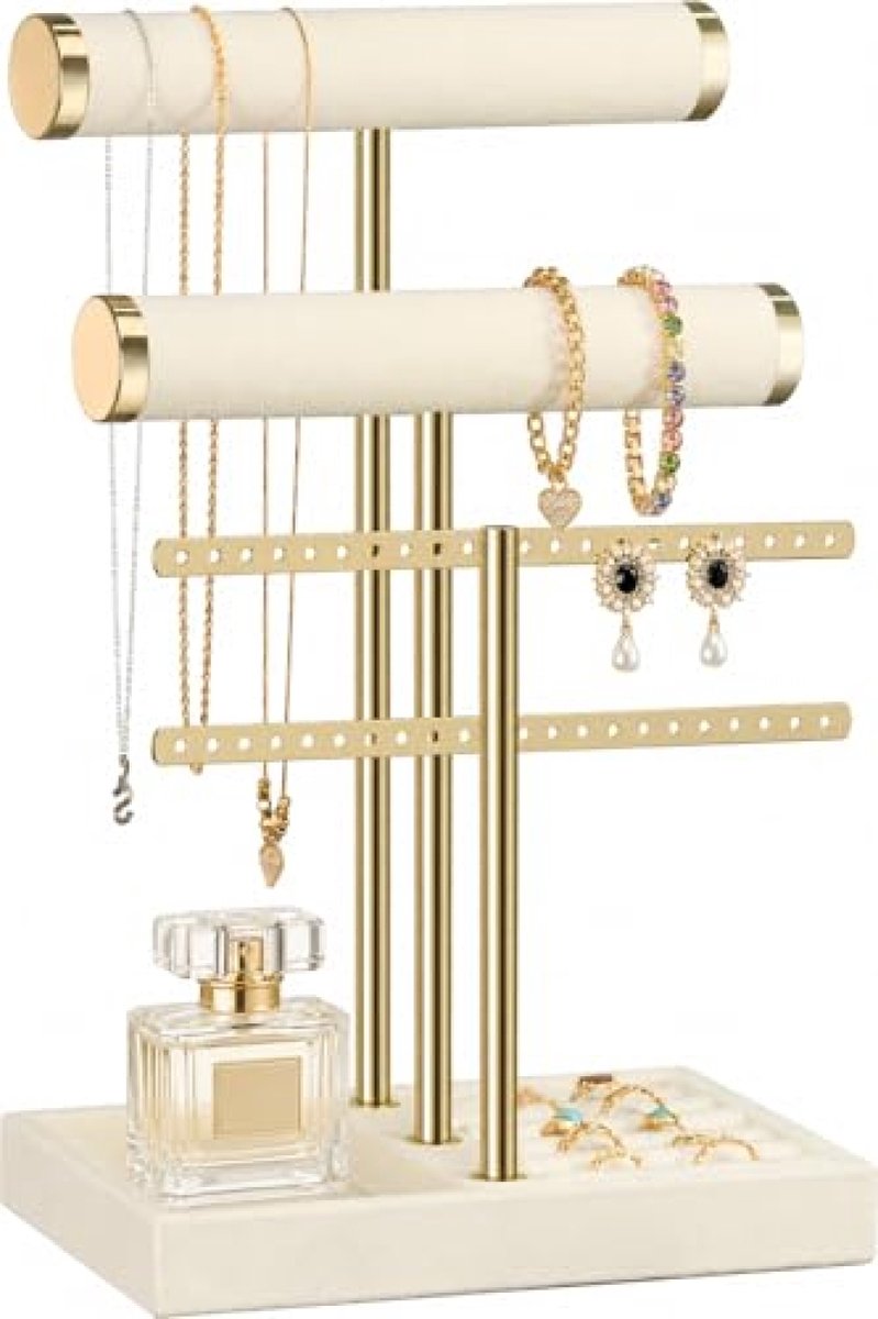 Arvion Sieraden Organizer met 3 Niveaus - Beige Fluwelen Sieradendisplay met Afneembare T-brug voor Armbanden, Kettingen, Horloges en Ringen