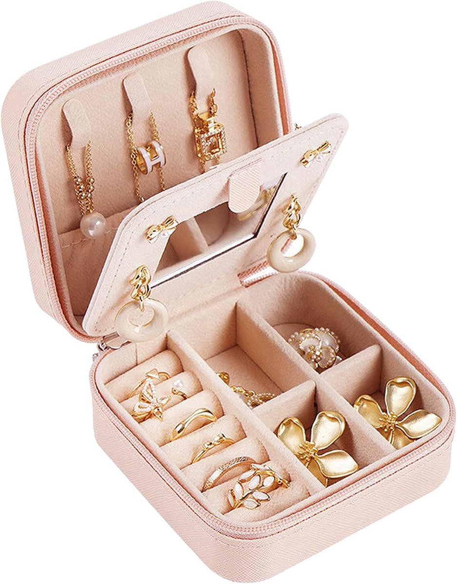 Jewellery Box, Portable Jewellery Box for Girls, Leather Jewellery Box, 10 x 10 x 2 cm, Travel Jewellery Box, for - ShopVlot