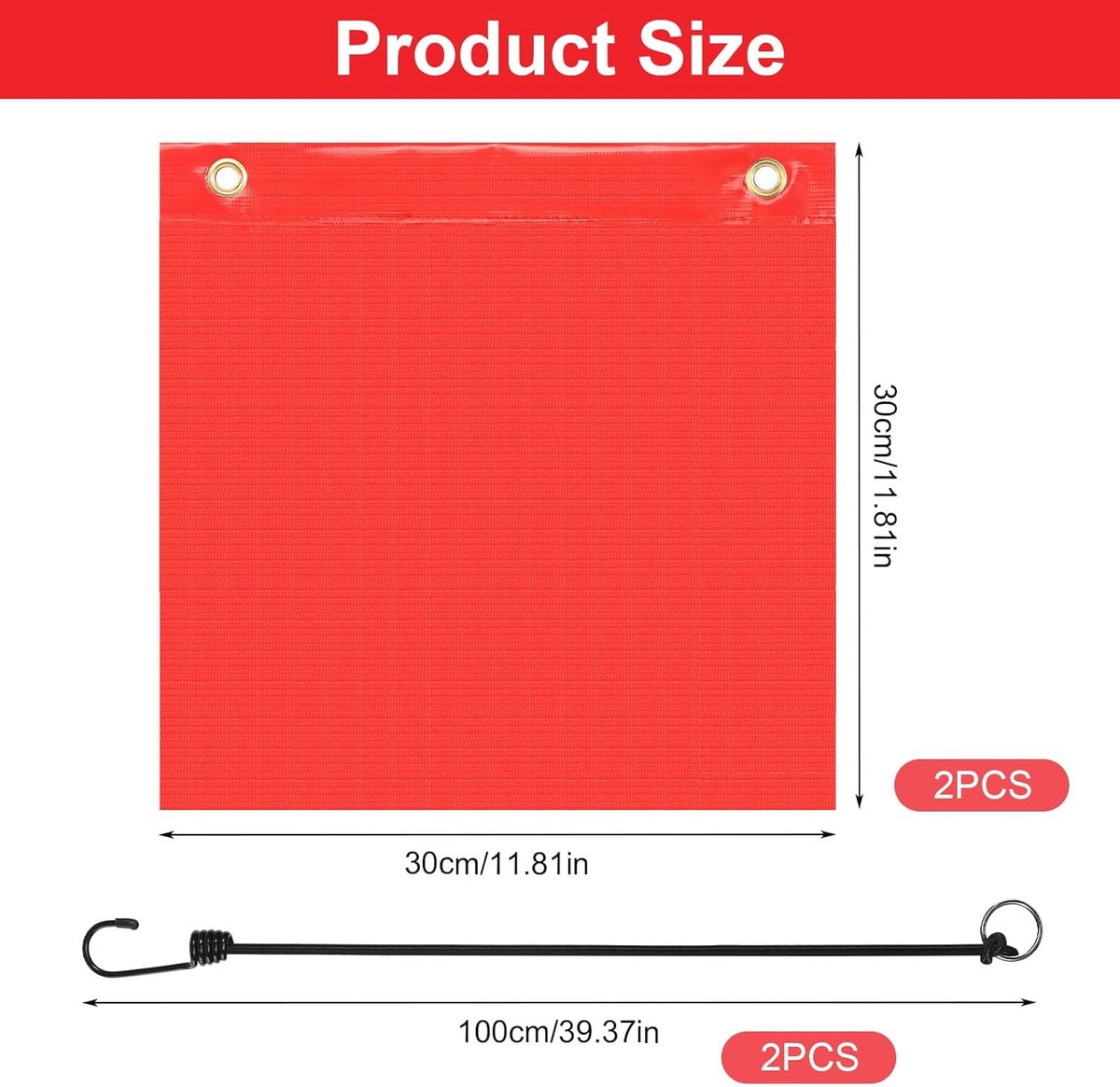 SnelShoppen - Rood Waarschuwingsvlaggen 30x30cm, 2x Lange Rode Vlaggen met Rubber Koorden en Messing Gespen voor Auto, Caravan, Trailer, Fietsdrager