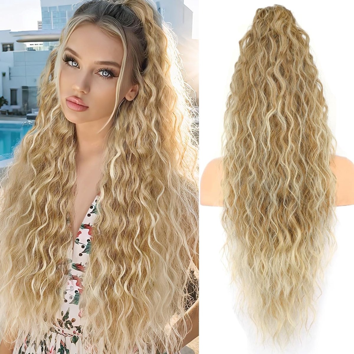 SnelShoppen - Ponytail Clip In Lange Golvende Krullend Haarstuk 75 cm (Asblond met Highlights) voor Feest, Bruiloft en Dagelijks Gebruik