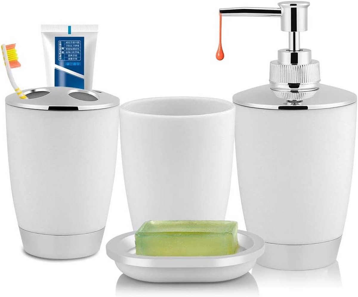 SnelShoppen - 4-delige Badkamer Accessoires Set - Plastic Badkameraccessoires inclusief Tandborstelhouder, Tandborstelbeker, Zeepdispenser en Zeepbakj