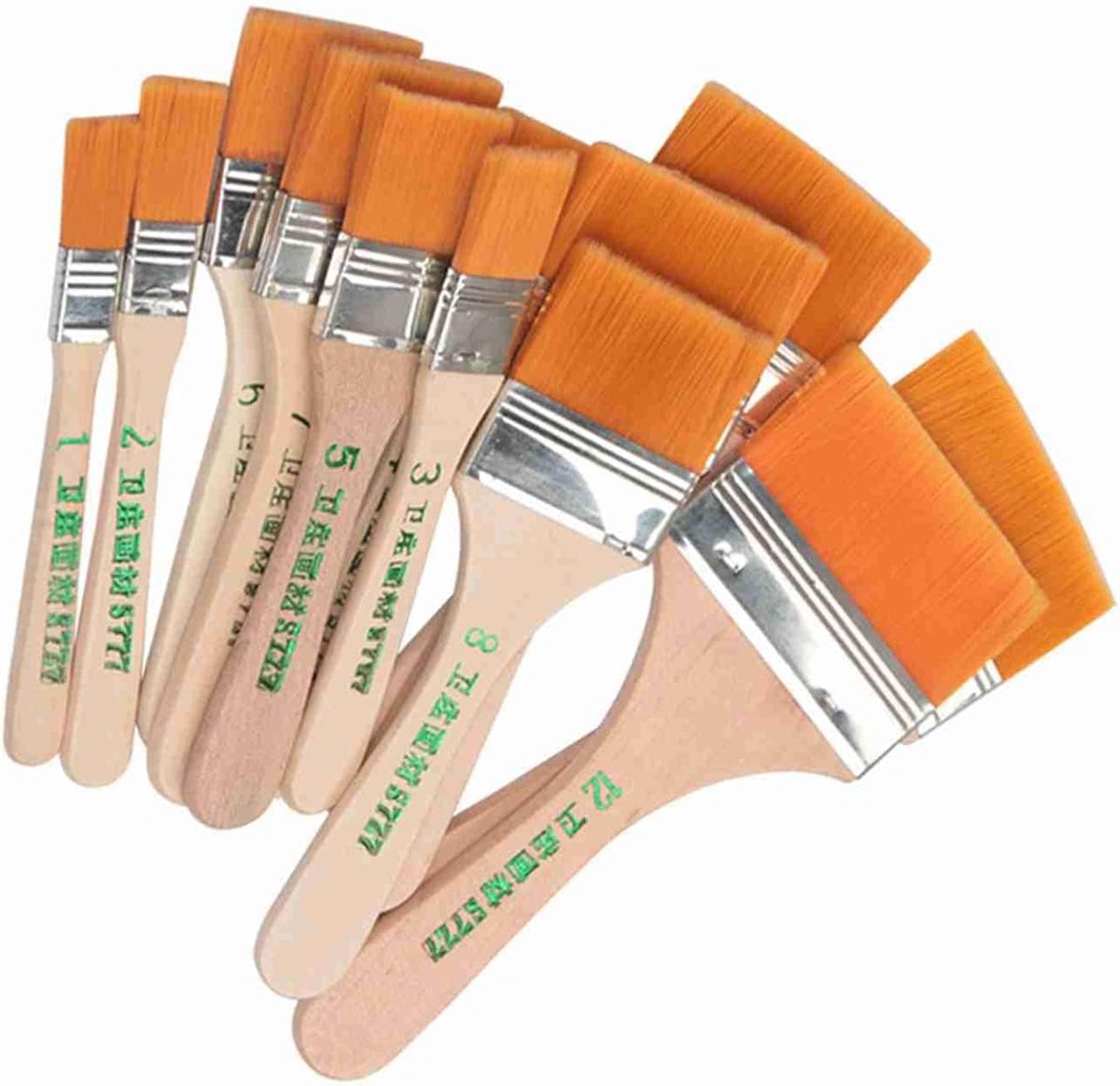 SnelShoppen - 12 Stuks Platte Nylon Verfkwasten Set - Houten Handvat - Kunstschilders Kwasten - Voor Olieverf, DIY, Schoonmaak - Wit en Geel