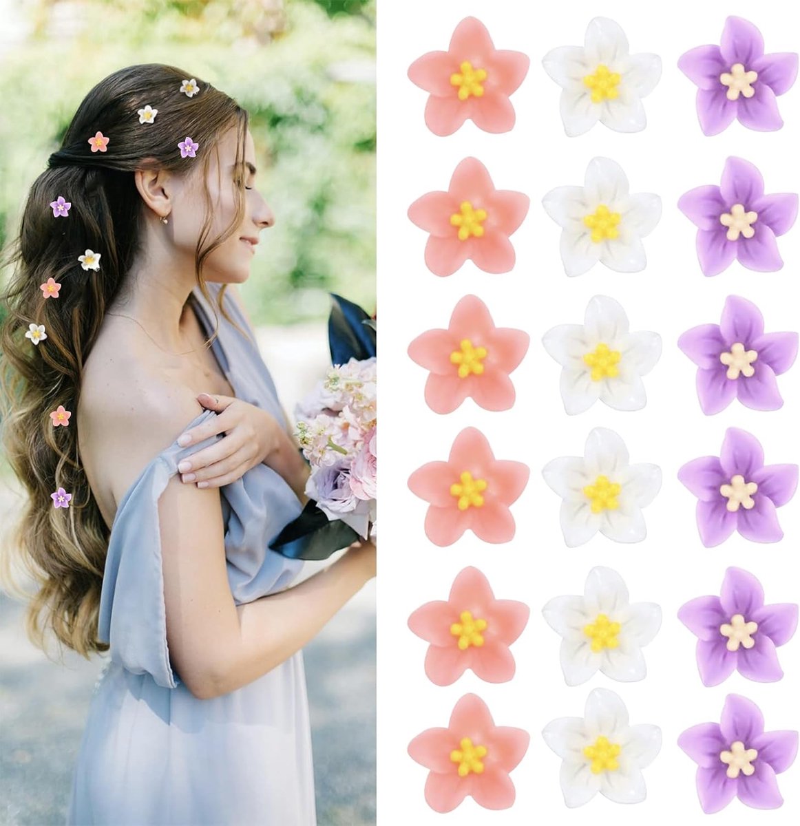 SnelShoppen - 18 Stuks Vrouwen Bloem Haarspelden Mini Haarclips Elegante Haarclips voor Dames en Meisjes Bruiloft Haarspelden (Geel, Roze, Paars)
