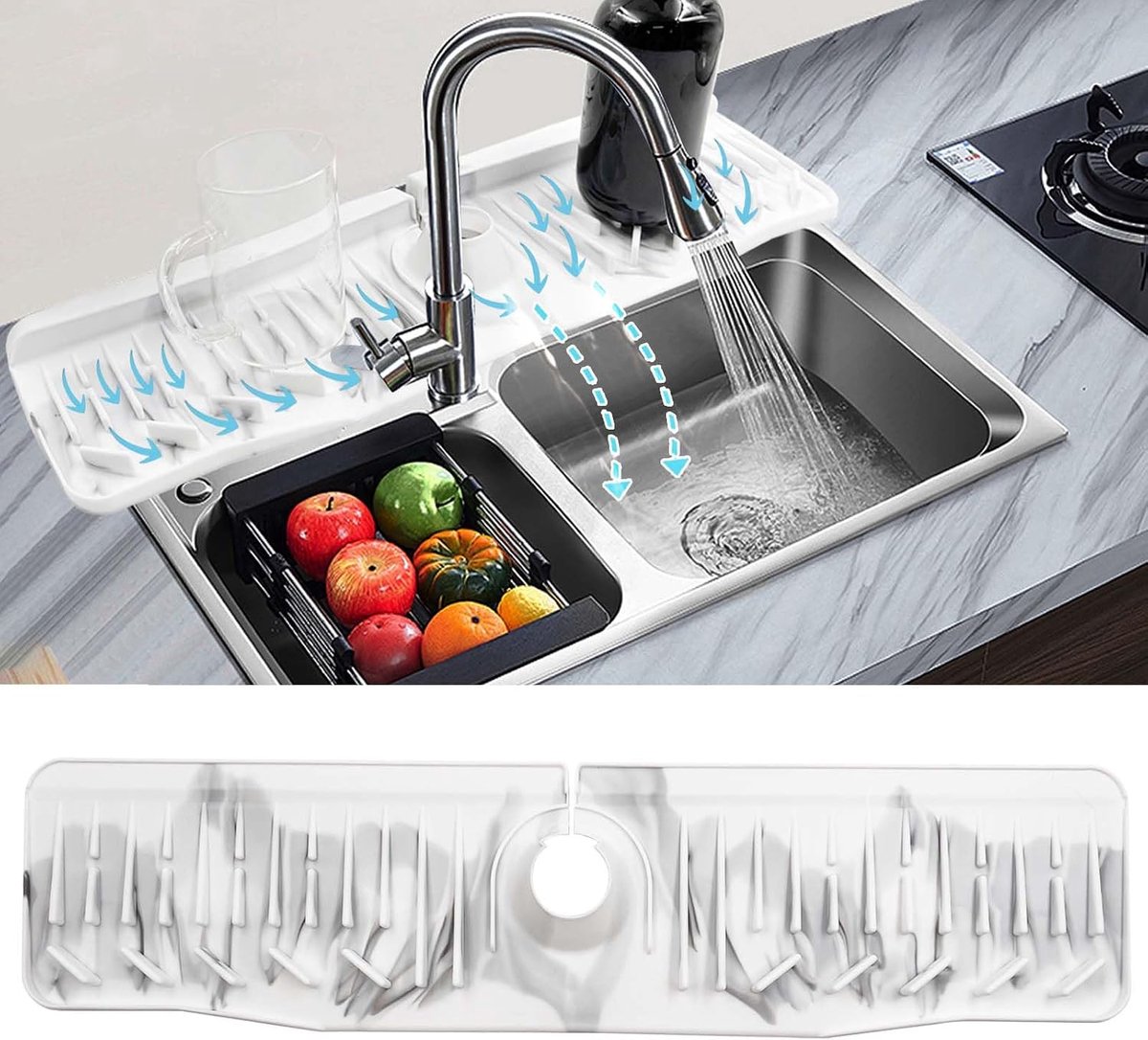 Daily Treasures 60 x 15cm Longer Sink Splash Guard with Marbled Design, 10° Slope Silicone Faucet Mat, Foldable Water - ShopVlot
