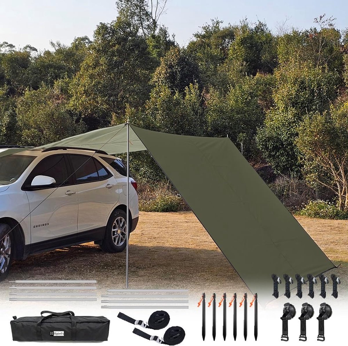 SnelShoppen - Car Awning met Paal 3m x 5m SUV Zonnescherm Buiten Camping Tarp Waterdichte Canopy Schaduw Hangmat Tarp UV50+ Bescherming