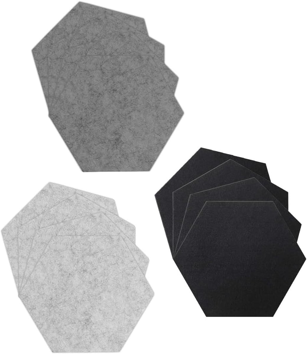 SnelShoppen - 12 Stuks Hexagonale Viltborden 20x17cm - Geluidsisolatie Panelen - Muur Pinborden - Plakborden in Zwart, Lichtgrijs en Donkergrijs - Per