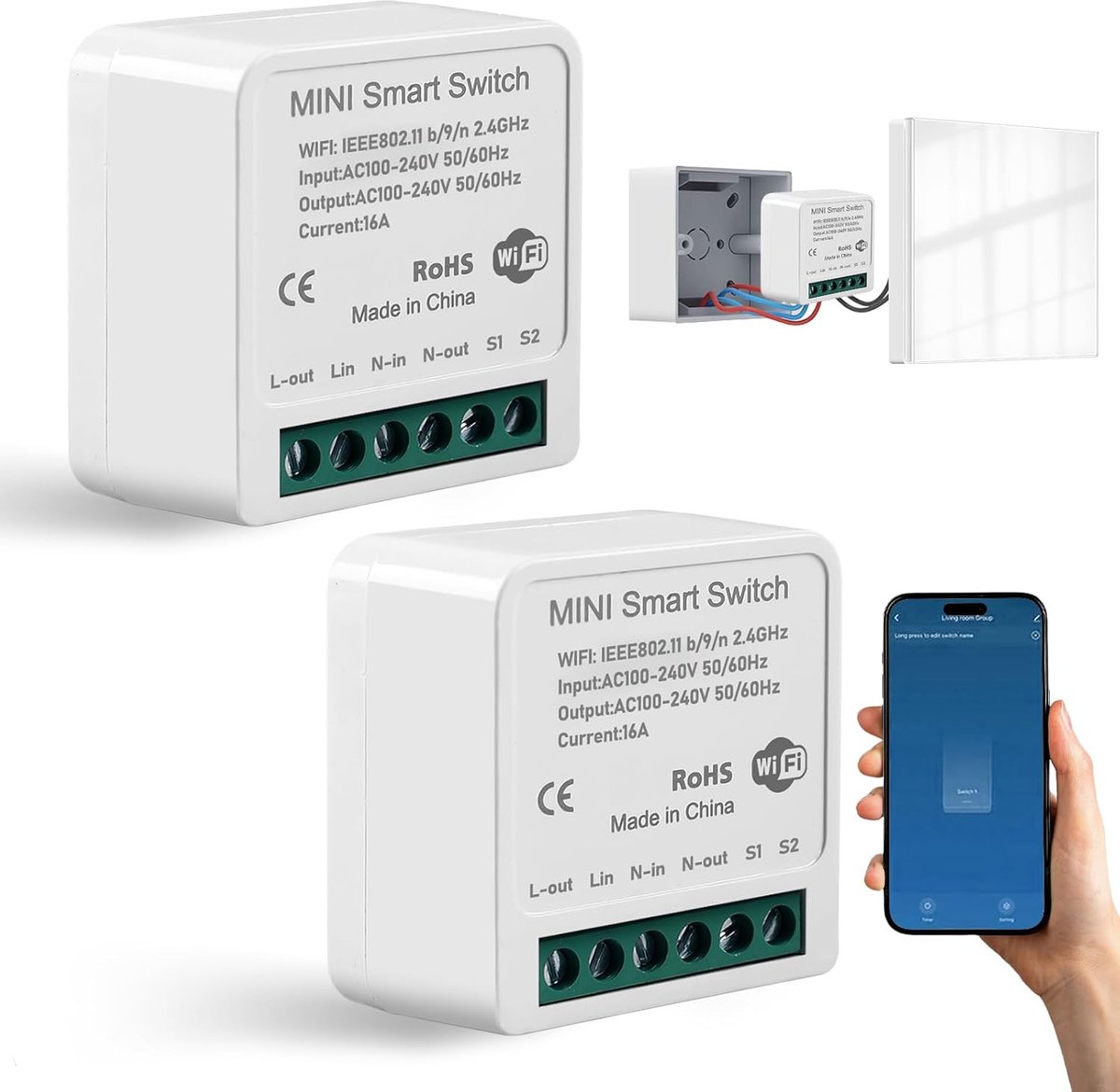 SnelShoppen - Pack van 2 Slimme Lichtschakelaar Module 1-Weg Geschikt voor Slimme Leven App Tuya Alexa Echo Google Home
