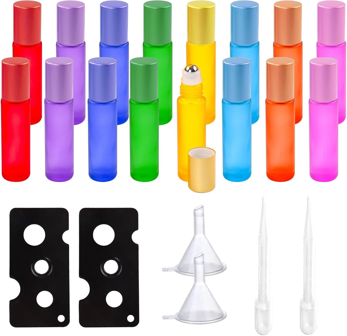 SnelShoppen - 16 Stuks 10 ml Lege Glazen Rollerflessen voor Etherische Olie, Kleurrijke Rollerflessen met Roestvrijstalen Rolballen, Ideaal voor Parfu