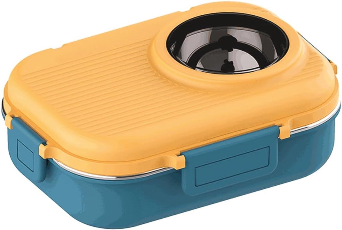 SnelShoppen - Geïsoleerde Bento Box Lunchbox 1100ml Dubbele Laag Anti-Lek Deksels Draagbare Voedselcontainer RVS 304 (Blauw en Geel)