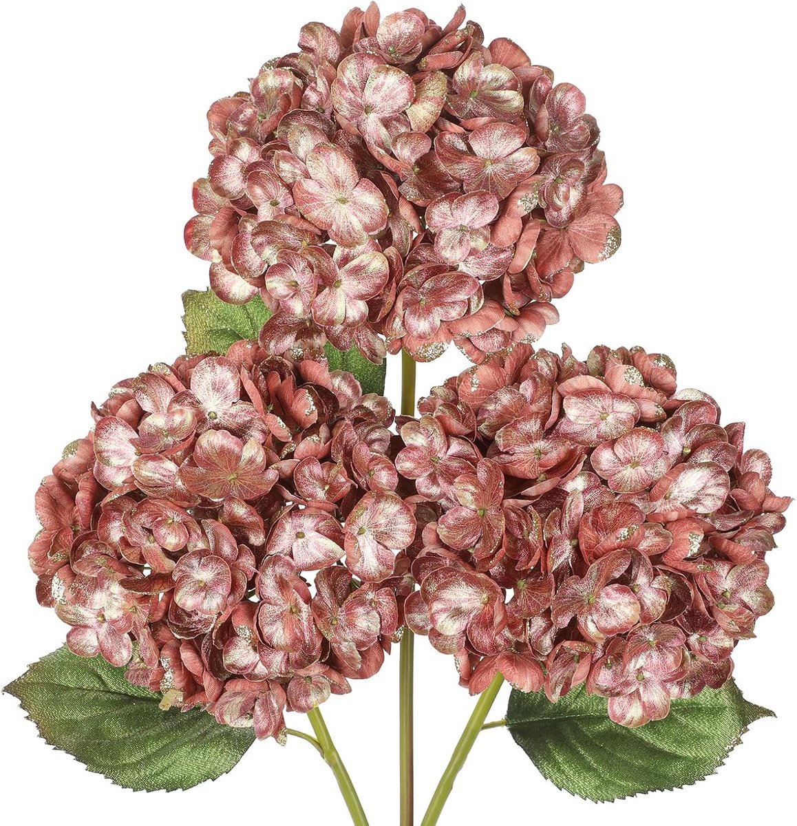 SnelShoppen - 23 Inch Kunstmatige Hortensia Bloemen Stelen met 15cm Grote Bloemkoppen - 3 Stuks Glitter Kerstdecoratie voor Bruiloften, Feestjes en Th
