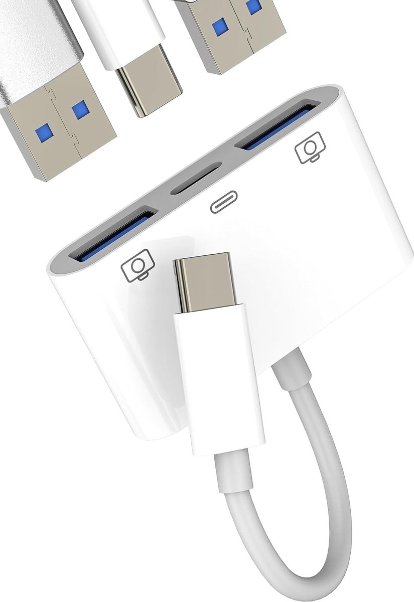 SnelShoppen - USB C naar USB OTG Adapter 3-in-1 Dubbele Poort USB 3.0 en Type-C Oplaadconnector voor iPhone 16 15, iPad Pro, Compatibel met Samsung Ta