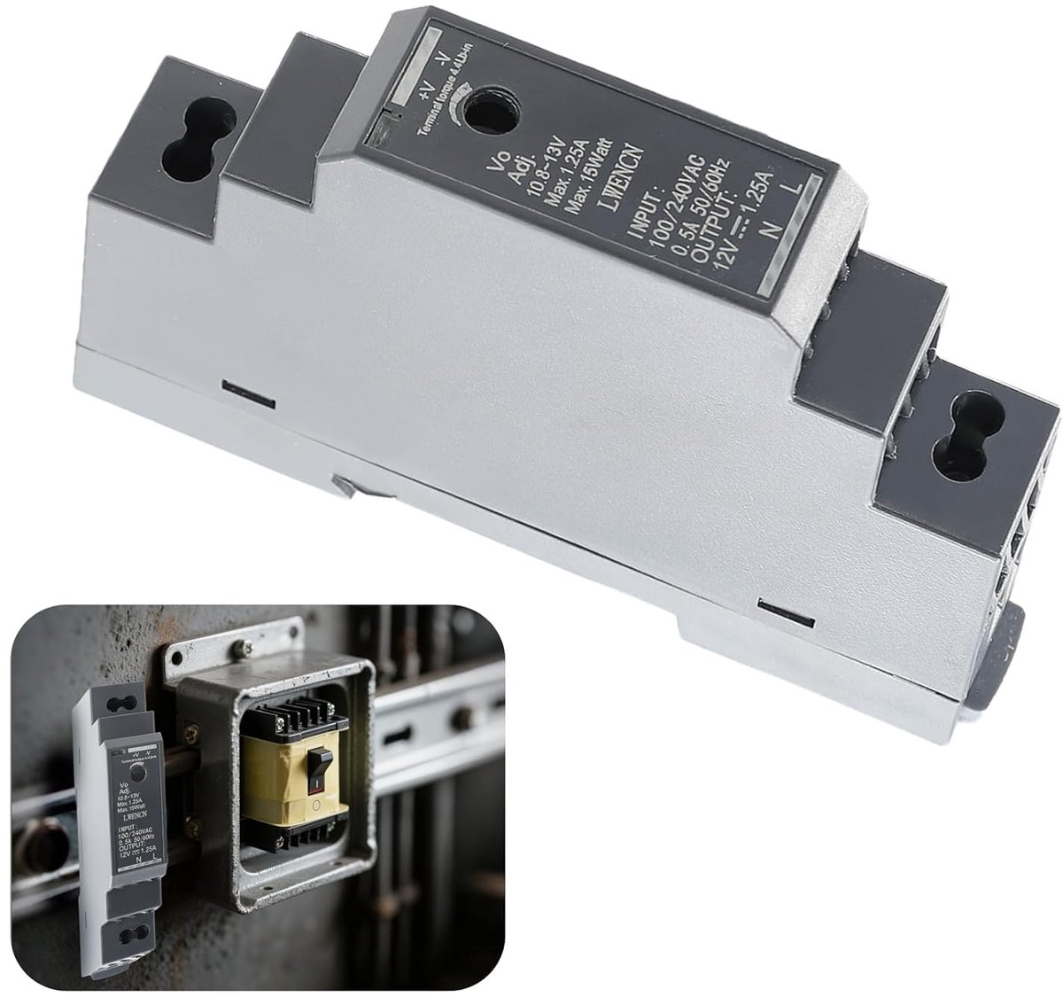 SnelShoppen - DIN Rail Voeding - 12V DC 1.25A 15W, 200-240V, AC 50/60Hz, Makkelijk te Installeren, Compatibel met TS 35/7.5 en TS 35/15