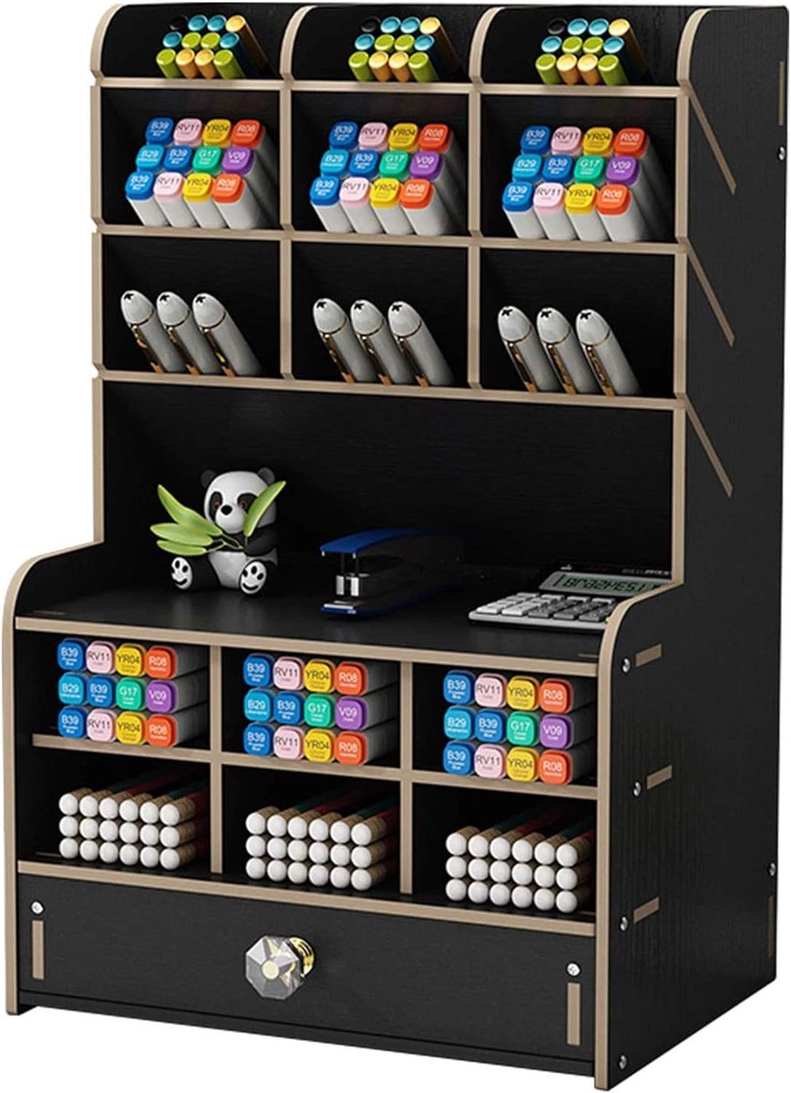 SnelShoppen - Houten Bureau Organizer Multifunctionele Desktop Stationery Penhouder Thuis Kantoor Opbergdoos School Benodigdheden Met Lade