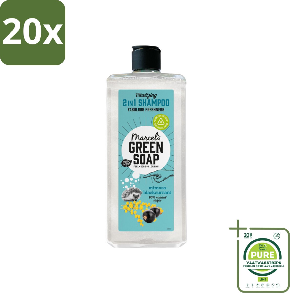 20 x Marcel's Green Soap - Shampoo & Conditioner 2-in-1 - Mimosa & Black Currant - Verzorging in één - 300 ml - Grootverpakking - Haarverzorging - Shampoo Conditioner - 2 In 1 - Mimosa - Zwarte Bes