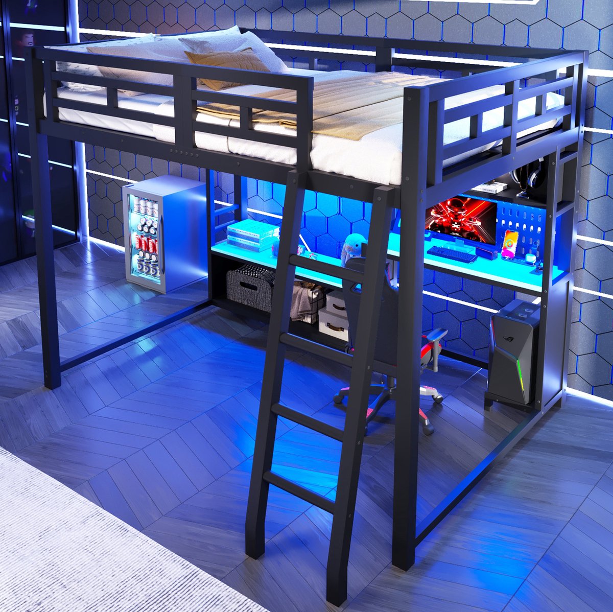 MIVRAY Hoogslaper 140x200cm Zonder Matras - Bed Met Bureau En LED Verlichting - Met Opbergrekken - Voor Slapen Leren En Spelen - MDF Metaal - Zwart