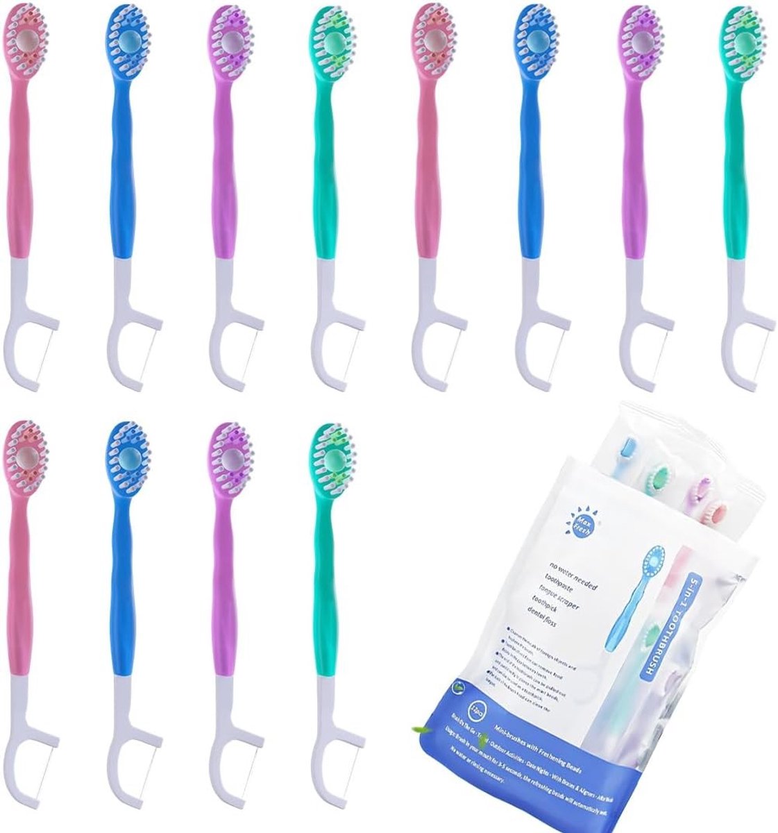 Reistandenborstels 5-in-1, 12 stuks, met geïntegreerde tandpasta, tandzijde en tongreiniger voor optimale mondhygiëne onderweg