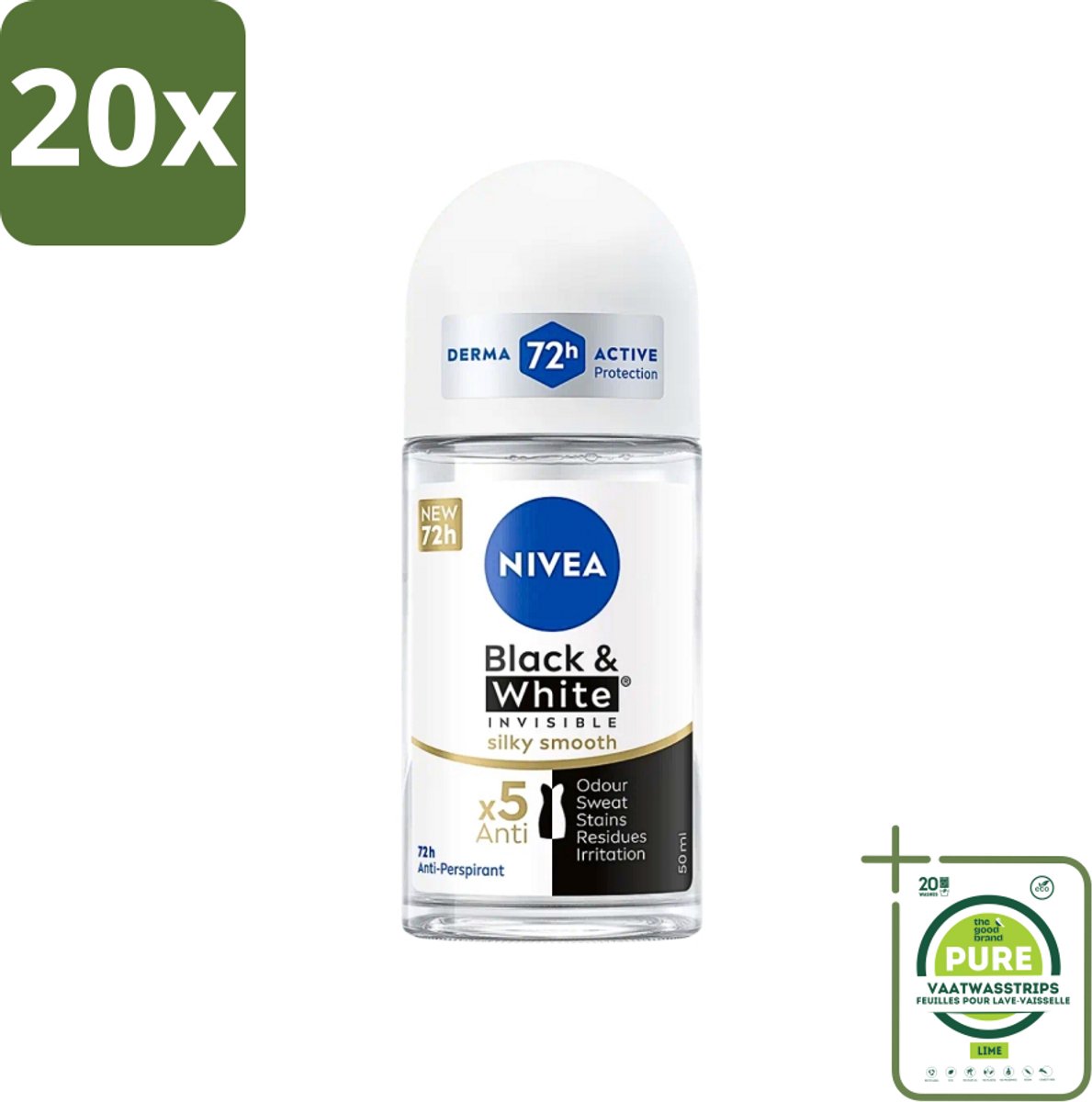 20 x NIVEA - Deodorant Roller - Zwart & Wit Zijdezacht - Anti-Transpirant - 50 ml - Grootverpakking - NIVEA Deodorant - Deodorant Roller - Anti-vlek Deodorant - Deodorant Voor Dames - Langdurige Frisheid