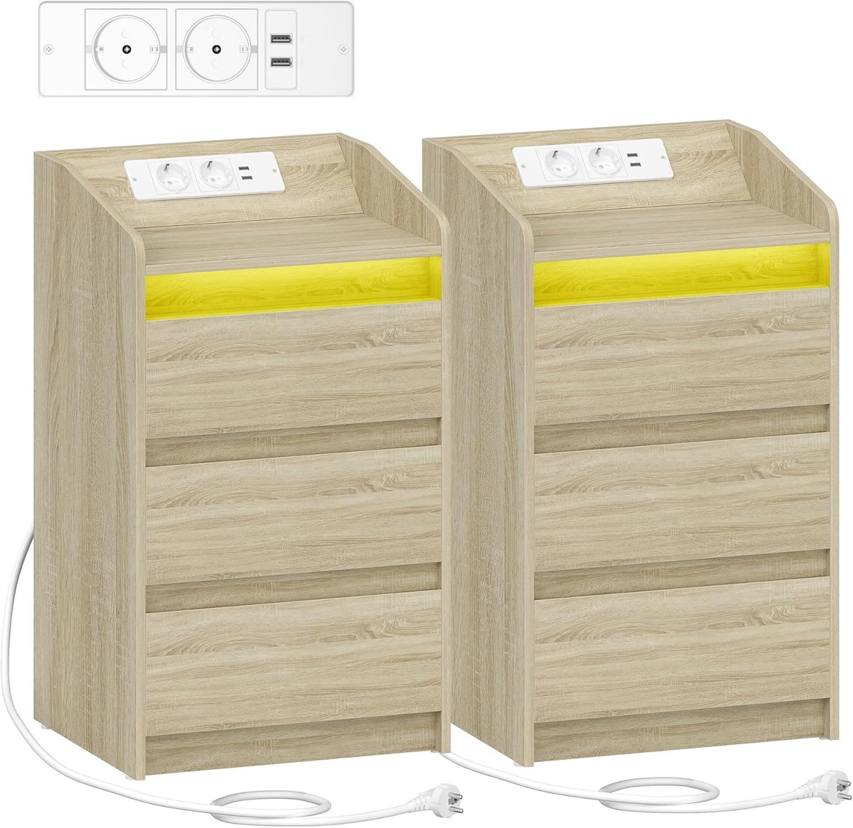Hzuaneri Nachtkastje Set van 2 met 3 laden, bijzettafel met oplaadstation en LED, 2 AC-stopcontacten en 2 USB-poorten voor slaapkamer, woonkamer, Eiken kleuren