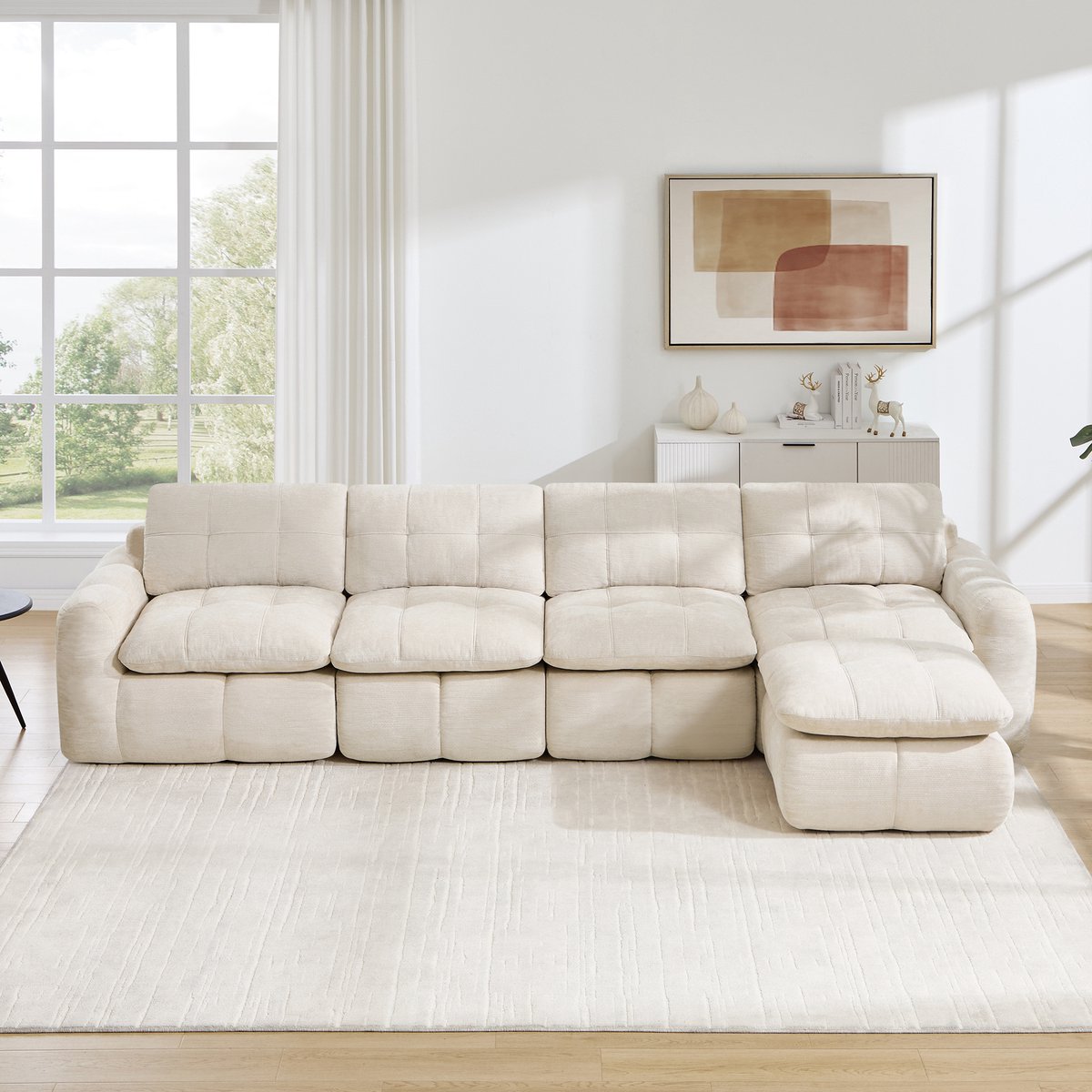 Intebiki 4-zits Hoekbank - Chenille stof - Modulaire L-vormige zitbank - Geen montage nodig - inclusief 1 poef - beige