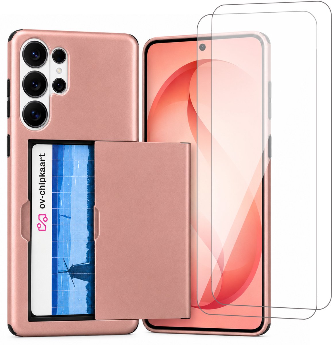 Hoesje met Pasjeshouder geschikt voor Samsung Galaxy S26 Ultra – Back Cover Slide Case – Roségoud – 2 Stuks Screenprotector Glas