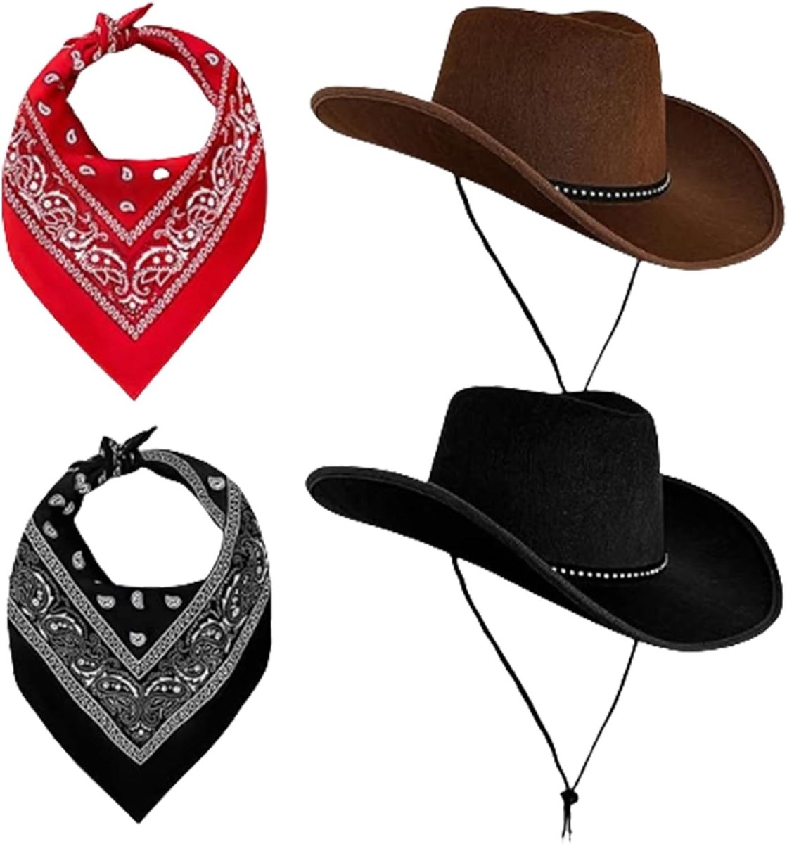 Set van 2 vilten hoeden in zwart en koffiebruin met 2 paisley bandana's voor cowboykostuum accessoires, perfect voor country-feestjes en festivals