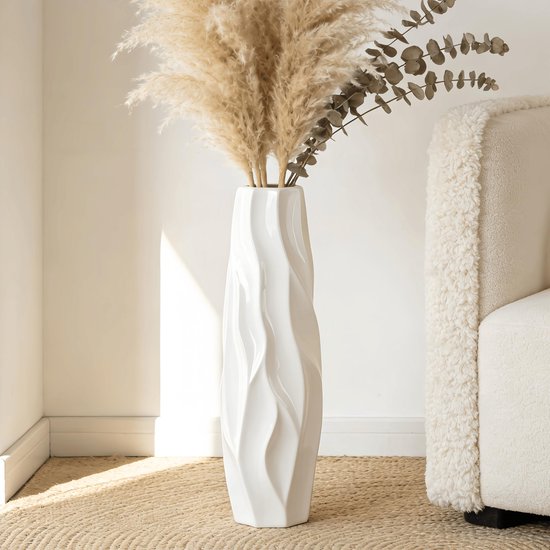 SnelShoppen - Witte Keramische Vloervaas 45 cm Groot Minimalistisch Decoratieve Vaas voor Bloemen Pampasgras voor Woonkamer, Kantoor en Slaapkamer