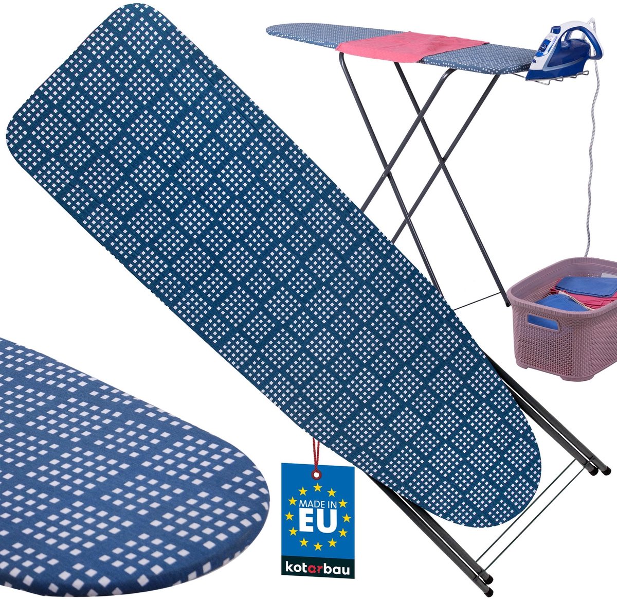 KOTARBAU® Inklapbare Strijkplank - Verstelbare Strijkplank 104 x 30 cm - Strijkplank voor Stoomgenerator - Blauw Vierkantpatroon