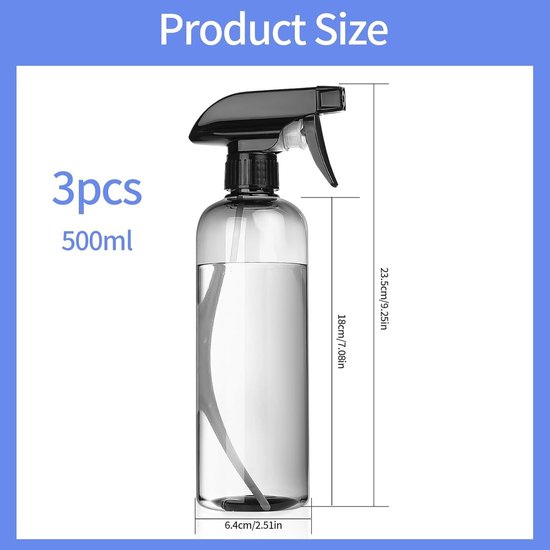 500ml Drukspuit Fles - Lege Spray Pomp Fles voor Haarstyling, Tattoo Water en Tuinieren - Transparant Zwart Atomizer en Trigger Spray Container — afbeelding 5