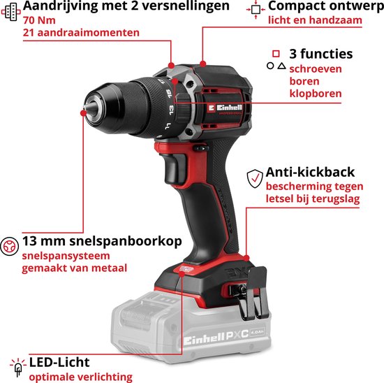 Rode en zwarte boormachine met metalen 13mm boorkop, 2 snelheden, 3 functies en anti-kickback bescherming. LED-licht.