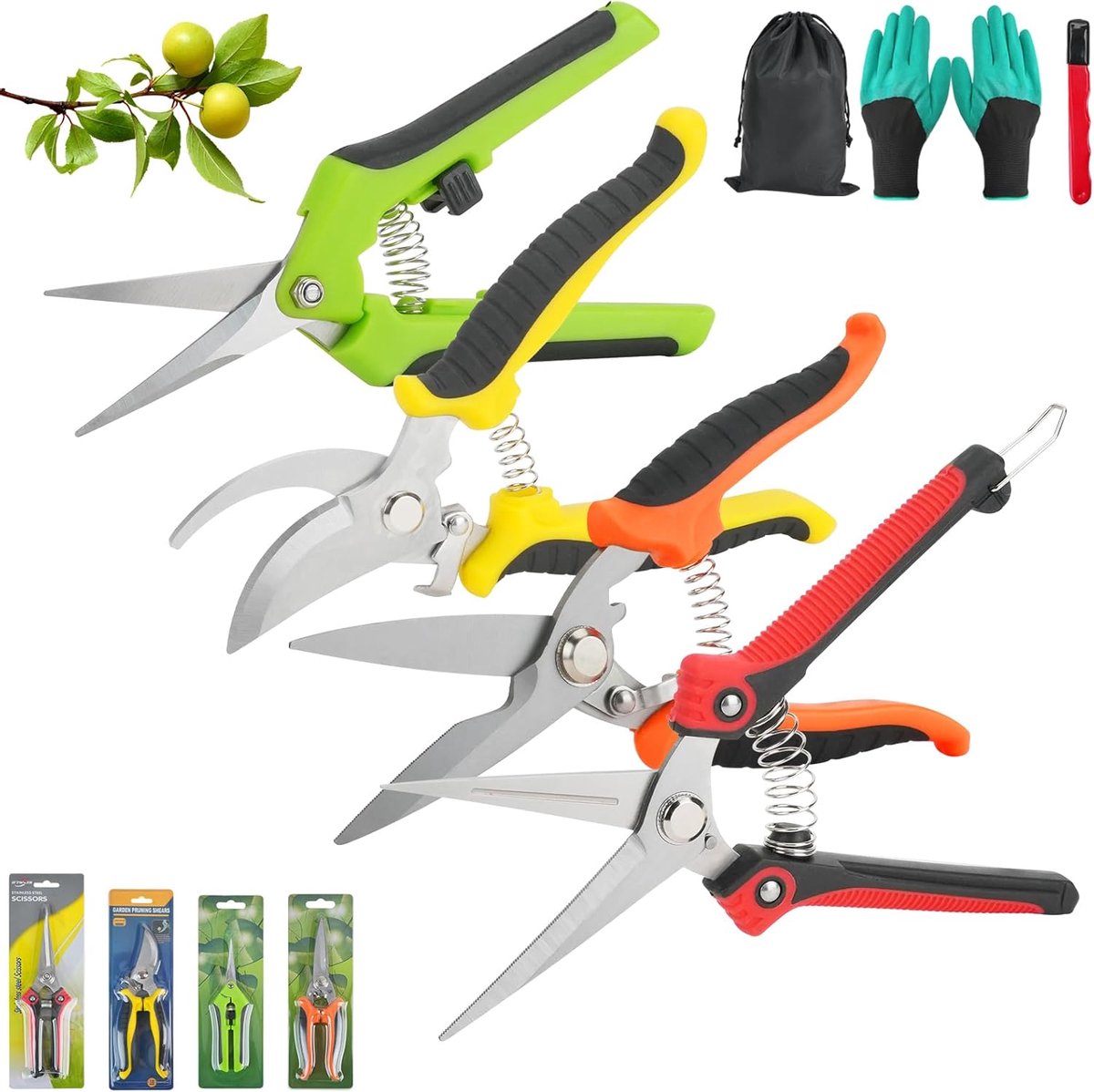 Snoeischaar set 7-delig - roestvrij staal - met opbergzak en handschoenen - ideaal voor snoeien van planten - ShopVlot