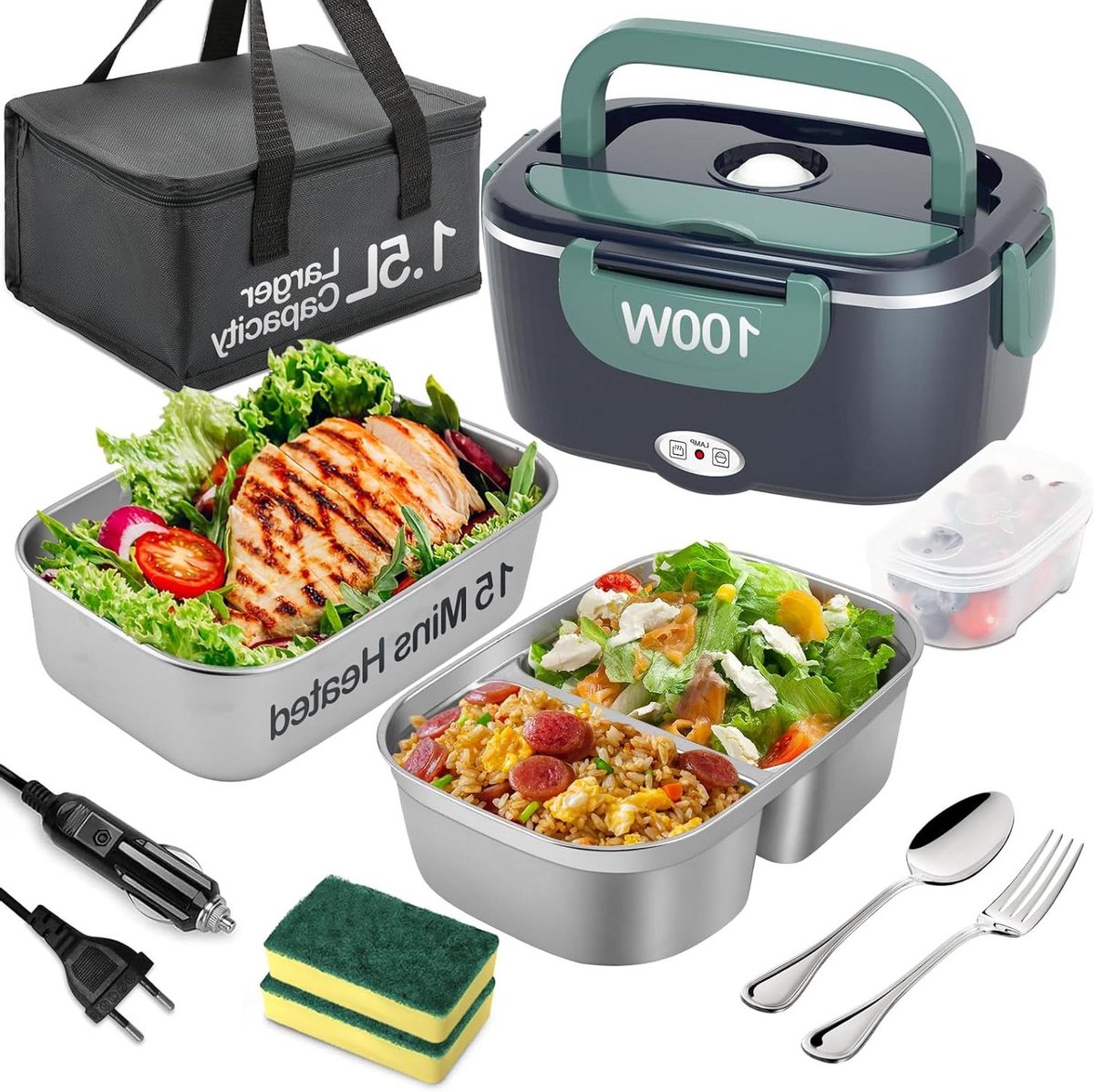 Elektrische Lunchbox - Verwarmde Voedselcontainer - Warme Maaltijd Onderweg - 3-in-1 Voltage Opties - 15 Liter Capaciteit - Blauw