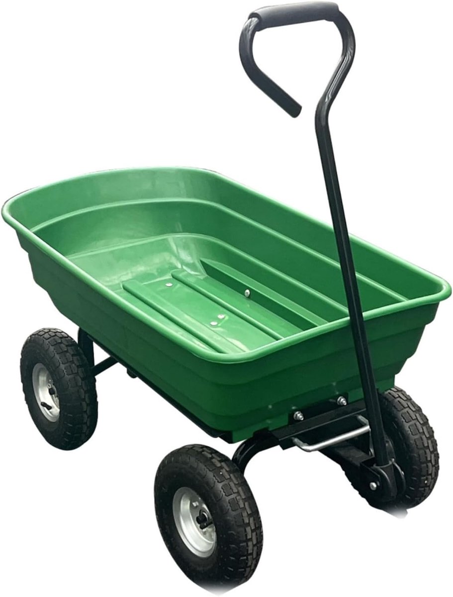 Tuinkar met 4 wielen, multifunctionele kruiwagen, ijzer en kunststof, 93x89,5x50,5 cm, groen, stevige transportkar voor tuin, erf en buitenwerk