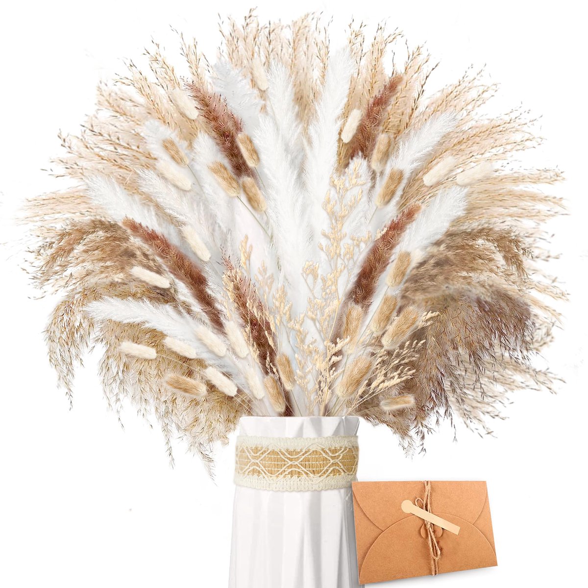 SnelShoppen - ZJTAPE Gedroogde Pampas Grassen - 83 Stuks Natuurlijke Gedroogde Bloemen, Bruin en Wit Pampasgras, Lagurus Decoratie voor Bruiloft, Woon