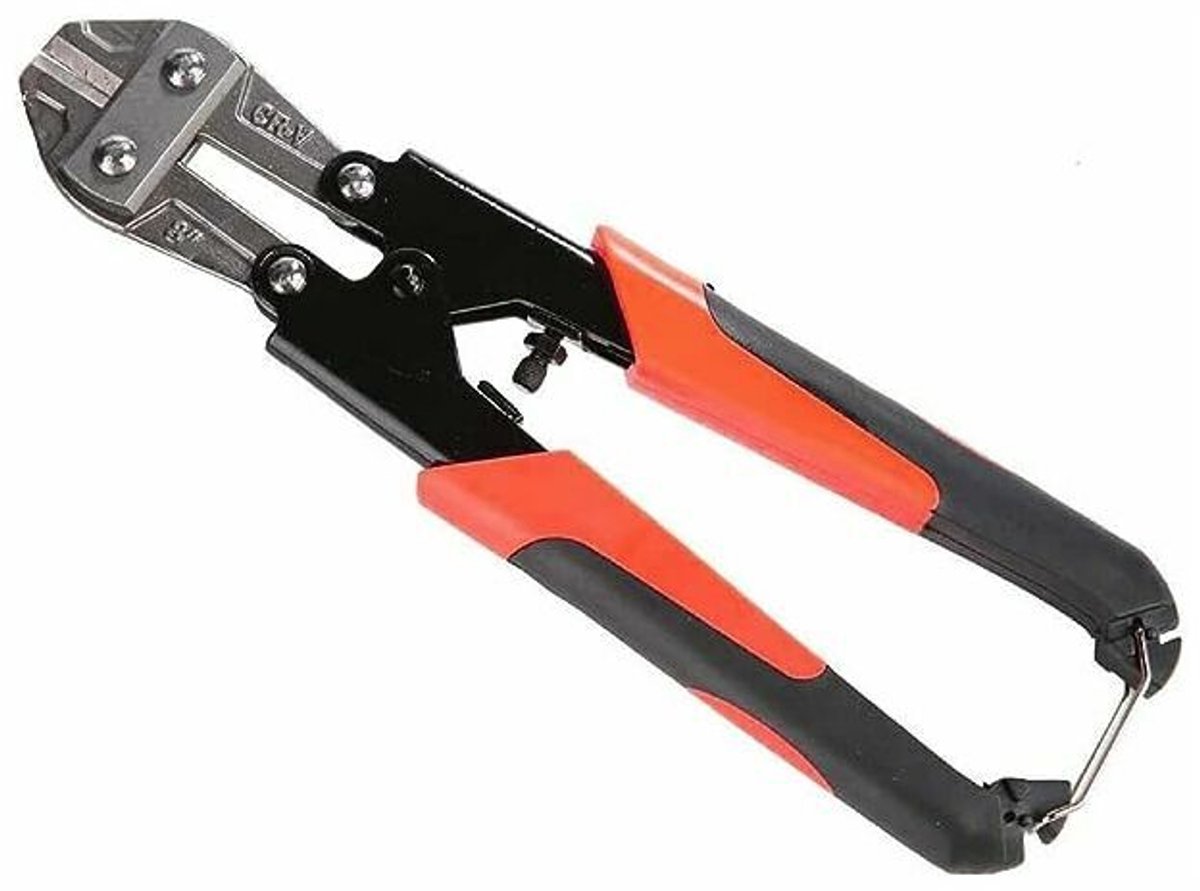 Deze mini-draadkniptang van 217 mm, met een diameter van 4 cm, rubberen handgrepen en een vergrendelingsmechanisme, is geschikt voor het gemakkelijk knippen van bevestigingsmiddelen, prikkeldraad, dikke draden en kettingen.