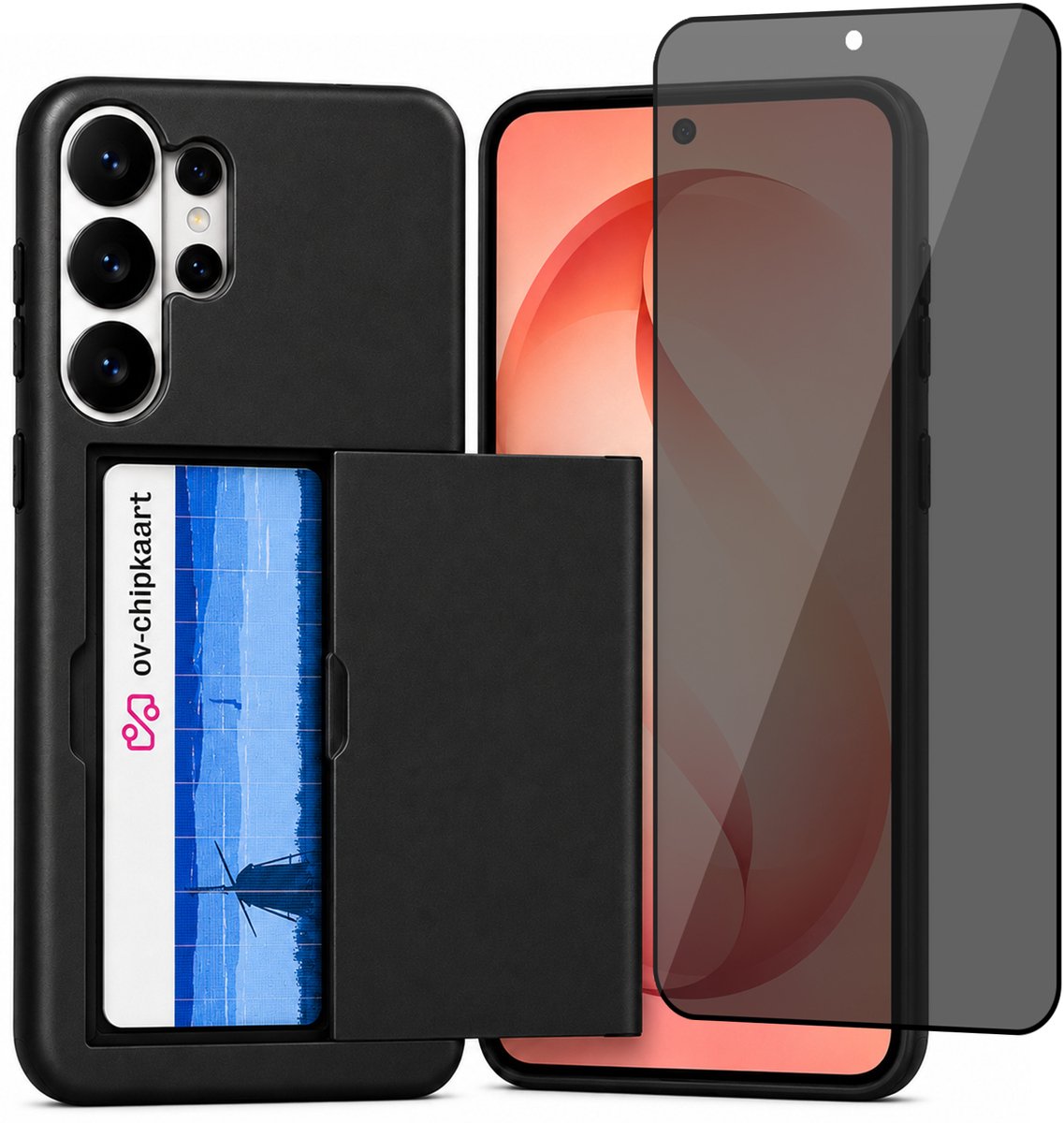 Hoesje met Pasjeshouder geschikt voor Samsung Galaxy S26 Ultra – Back Cover Slide Case – Zwart – Privacy Screenprotector – Anti Inkijk