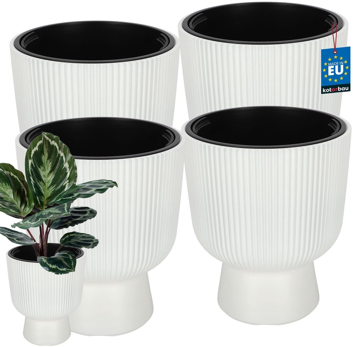 KOTARBAU® 4 Stuks - Bloempot - Plantenpot Ø 29 cm - met Binnenpot - Geribbelde Plantenbak - Plantenpot met Voet - Plantenbak - Kunststof - H: 36 cm - Wit
