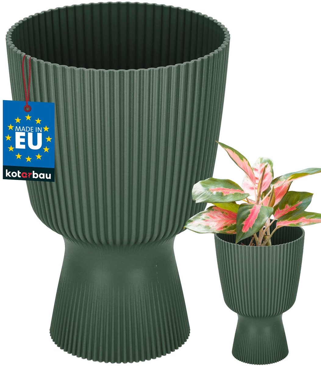 KOTARBAU® Bloempot - Plantenpot met Sokkel ⌀ 14 cm - PVC - Geribbelde Orchideeënpot - H: 21 cm - Groen - Kelkvorm
