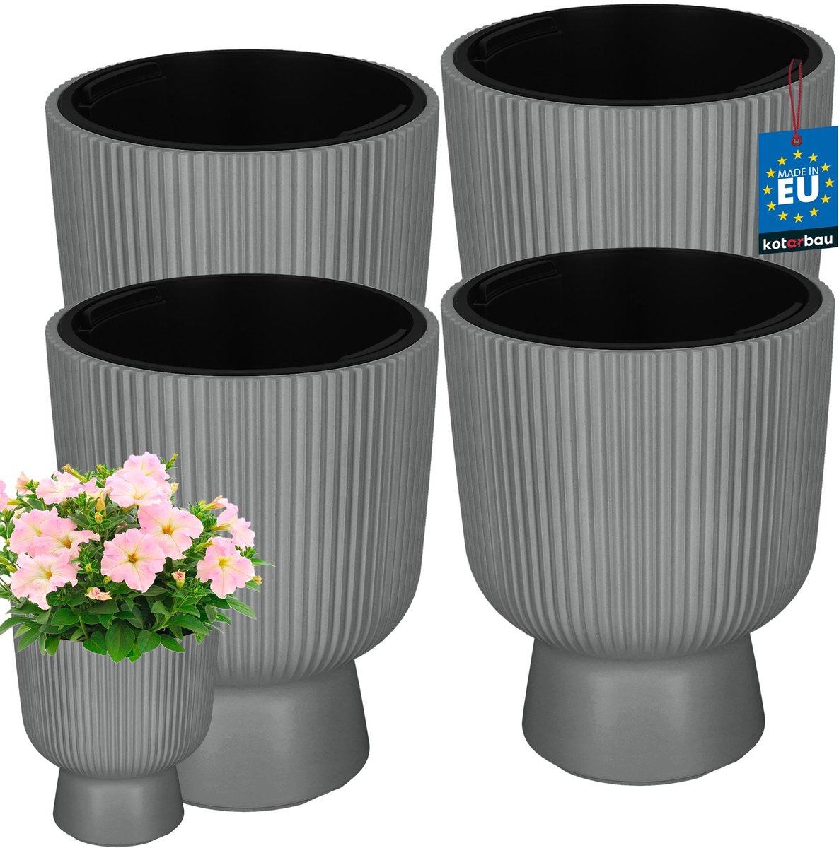 KOTARBAU® 4 Stuks - Bloempot - Plantenpot Ø 23 cm - met Binnenpot - Geribbelde Plantenbak - Plantenpot met Voet - Plantenbak - Kunststof - H: 30 cm - Grijs