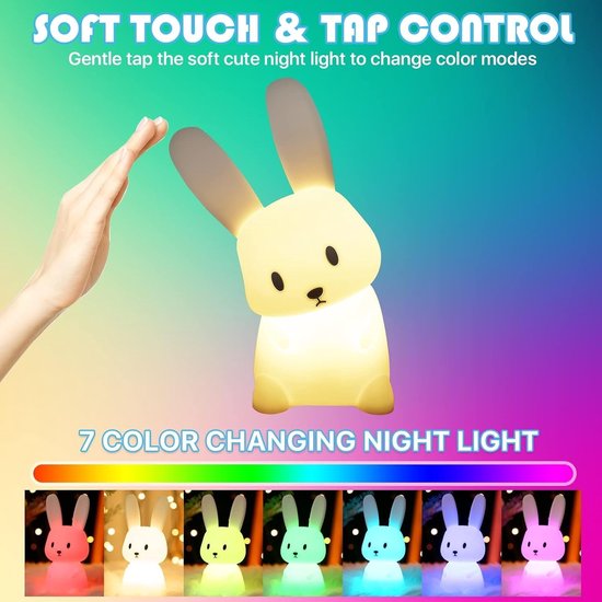 Bunny Nachtlampje voor kinderen, siliconen voedingslicht voor baby's, met 7 lichtwisselingen, dimbaar, tap control, opladen via USB en timerfunctie, bedlampje voor kinderkamer, decoratie — afbeelding 4