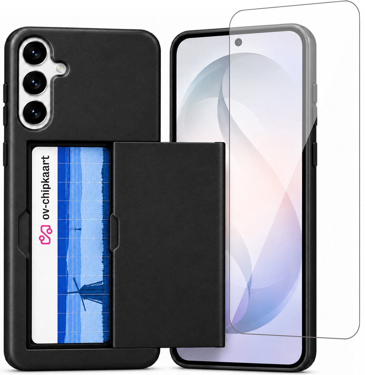 Hoesje met Pasjeshouder geschikt voor Samsung Galaxy S26 – Back Cover Slide Case – Zwart – Met Screenprotector Glas